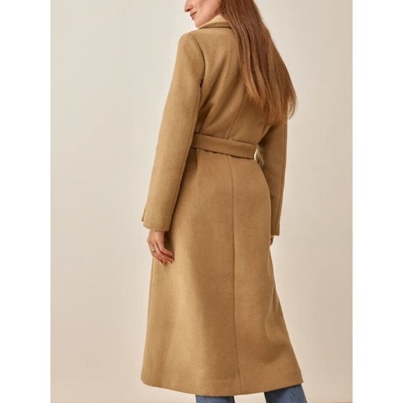 REFORMATION Greenwich Coat Camel L Wool Blend Tan Belted Coat - Picture 4 of 9